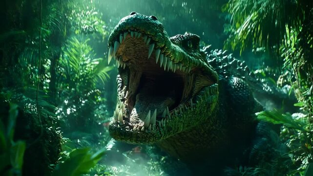 Terrifying Prehistoric Predator: A Massive T-Rex Unleashes a Mighty Roar in the Misty Rainforest.