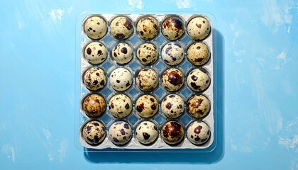 Quails Eggs In A Tray On A Light Blue Surface