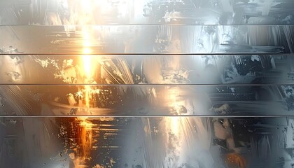 A striking abstract design, showcasing horizontal bands of metallic panels with brushstrokes and a warm light source, evoking a sense of depth and texture.