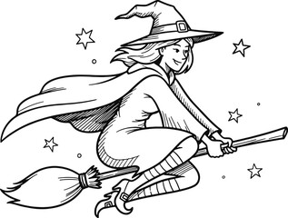 Smiling witch joyfully flying on a broomstick, stars twinkling around her.