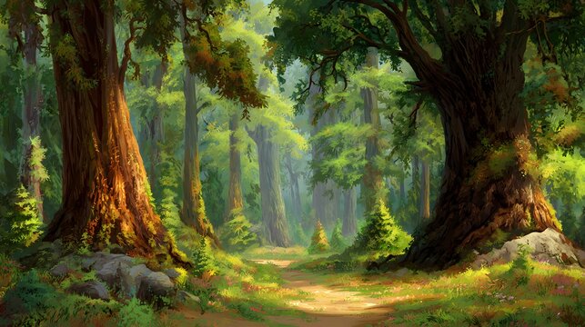 A serene forest scene with tall trees, lush green foliage, and a misty atmosphere, inviting a sense of tranquility and exploration