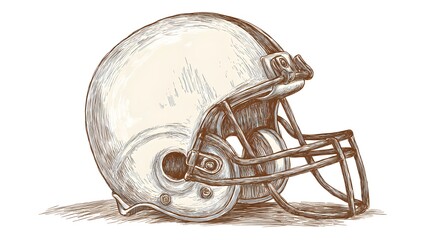 A hand-drawn illustration of an American football helmet, showcasing its distinctive shape and features, with a shiny surface and faceguard