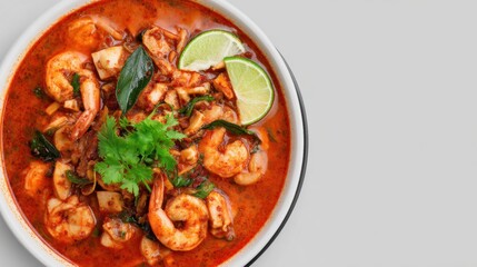 Fototapeta premium Spicy Shrimp Soup with Fresh Lime and Herbs in White Bowl