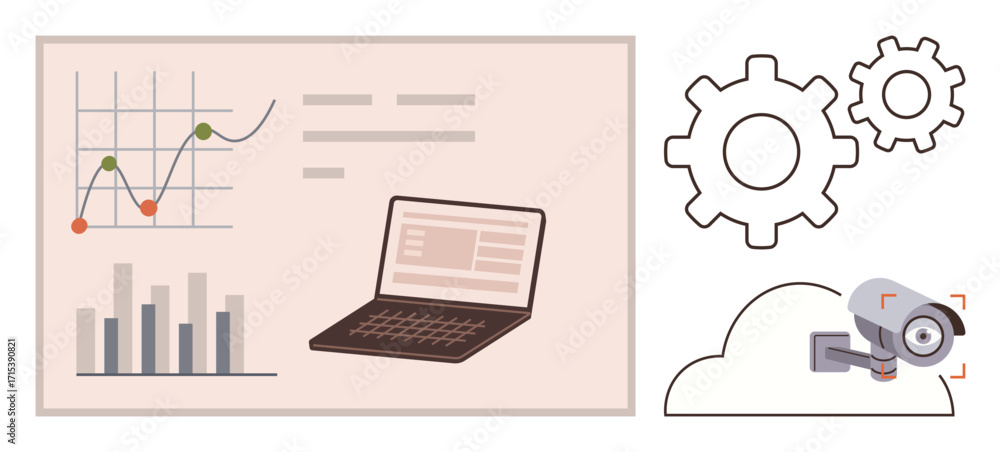 Aufkleber graphs, bar charts, and a laptop highlight analytics a camera in a cloud and gears represent securit