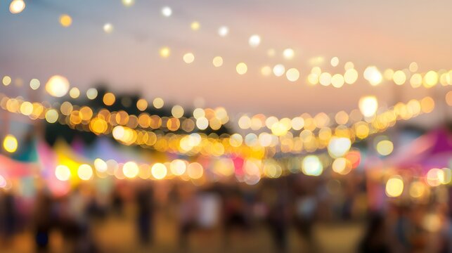 A blurred image of a festive outdoor event with colorful lights and tents, creating a warm and inviting atmosphere