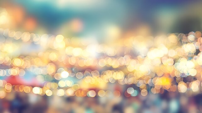 A blurred image of a festive outdoor event with colorful lights and tents, creating a warm and inviting atmosphere