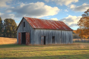 Obraz premium Old weathered wooden barn with rusty tin roof set in a sunny grassy field during autumn under a partly cloudy sky