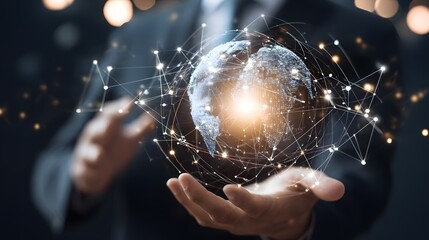 Hands holding a digital globe with network connections