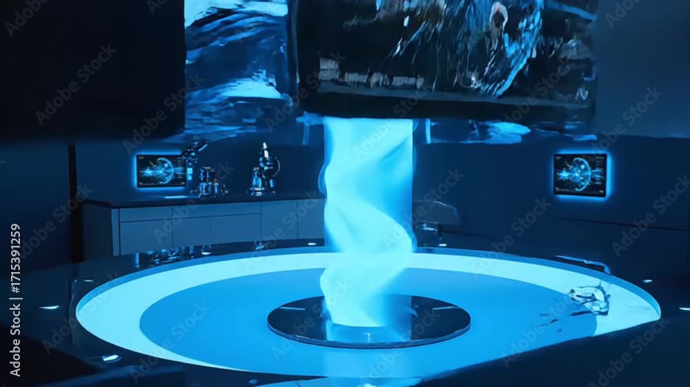 Poster futuristic lab with a robotic arm and a glowing energy source