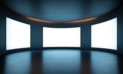 Futuristic curved dark room with three large blank illuminated screens and soft orange lighting above