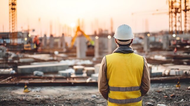 A construction worker in a safety vest and hard hat observing a construction site with scaffolding and building structures in the background
