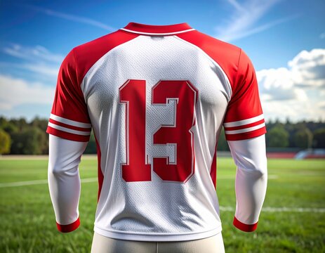 Back View of Number 13 Baseball Jersey with Red Accents on a Sunny Day
