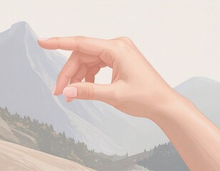 A hand reaching out against a hazy mountain landscape