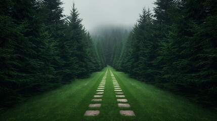 Obraz premium Misty forest path leading through dense evergreen trees with a straight stone walkway surrounded by lush green grass, evoking calmness, nature symmetry, and mysterious morning atmosphere