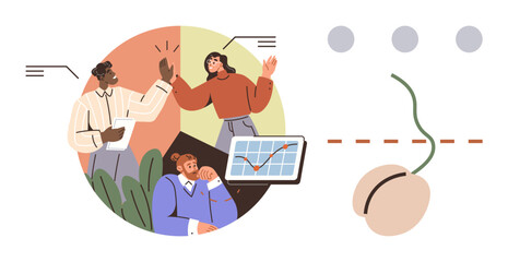 Professionals celebrating success with a high-five near growth chart and connected computer mouse. Ideal for teamwork, business growth, communication, success, connectivity, analysis, engagement. A