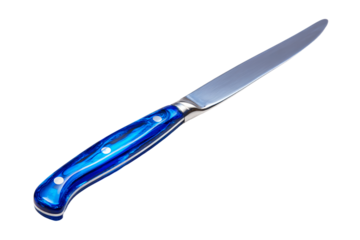 a blue knife with a silver handle on a white surface