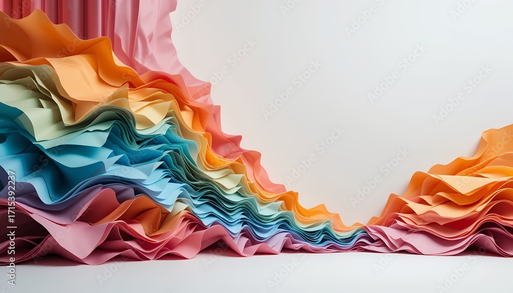 Poster abstract layers of vibrant colored paper arranged in flowing wave patterns across a neutral
