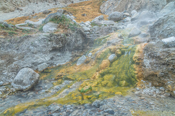 Sulfur hot spring flowing from the Himalayas with green-yellow mineral markings on stones and rising steam, showcasing geothermal activity,Himalayan landscape, and natural wonder