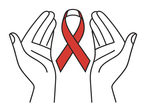 Awareness red ribbon support in outstretched hands symbol of hope and unity