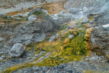 Sulfur hot spring flowing from the Himalayas with green-yellow mineral markings on stones and rising steam, showcasing geothermal activity,Himalayan landscape, and natural wonder