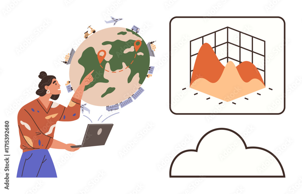 Aufkleber woman using a laptop points to global map with location markers, surrounded by tech icons. connected