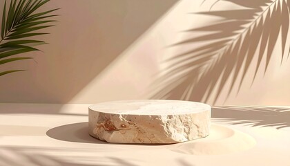 A circular, textured stone pedestal, nestled within a soft beige backdrop, accentuated by the warm glow of sunlight and the gentle shadow of a palm leaf.