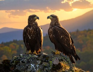 Two majestic eagles perch atop a rock, facing each other, against a backdrop of a golden sunset over a mountain range.