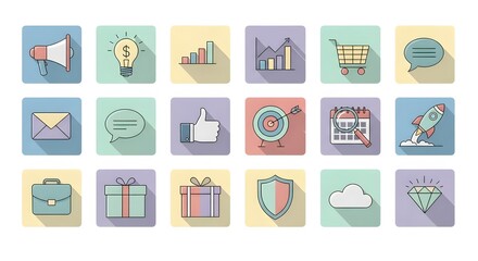 Collection of Business and Finance Flat Icons with Long Shadows.