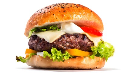 A delicious cheeseburger with lettuce, tomato, and cheese in a sesame seed bun on white background