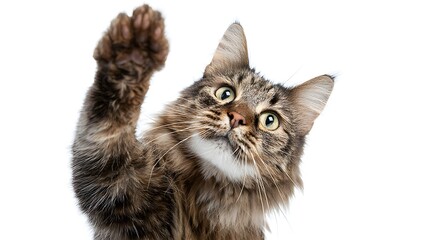 A fluffy cute tabby cat with a raised paw on a white background.