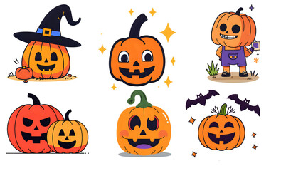 Cute Halloween Pumpkin Cartoon Vector Set with Jack O Lantern Characters and Decorations Isolated