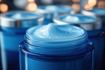 Open blue jar of creamy gel with droplets on top surrounded by similar closed blue jars in the background, evoking freshness and skincare care