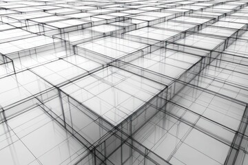 Abstract geometric pattern composed of transparent overlapping cubes in a three-dimensional grid layout with a monochromatic grey scale palette