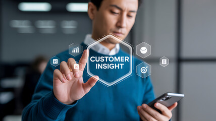 Dynamic professional analyzes customer insight data on futuristic holographic interface with modern technology and strategic icons