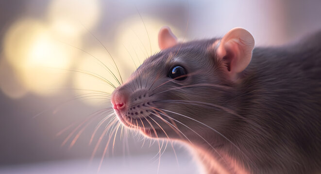A close-up profile of a gray rat with pink nose and whiskers against a blurred, bokeh background.