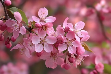 Obraz premium Cluster of delicate pink cherry blossoms blooming on a branch with green leaves against a soft blurred pink background, evoking a sense of spring and renewal