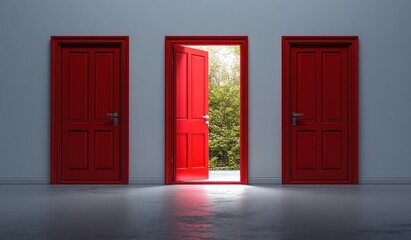 Three vibrant red doors against a gray wall with the center door open revealing a sunlit green outdoor scene symbolizing choice and opportunity