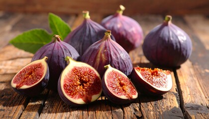 Fresh figs, whole and halved, are displayed on a rustic wooden surface, showcasing their deep purple skin and vibrant red flesh.