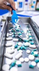A hand uses a blue plastic spatula to scoop out assorted pills from a metal tray