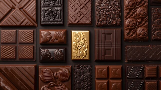 Luxurious arrangement of assorted chocolate bars in dark, milk, and gold varieties with elegant embossed textures, creating a rich gourmet background ideal for food branding and packaging concepts