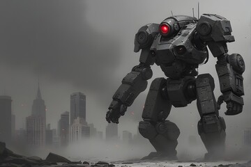 Giant futuristic war machine overlooking a city under a grey sky, ready for combat