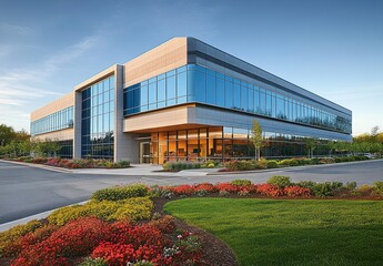 Obraz premium modern two-story office building with large reflective windows surrounded by well-maintained colorful flowerbeds and green lawns under clear blue sky