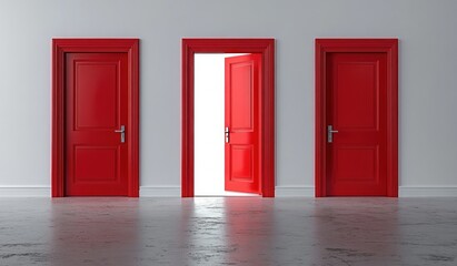 Three identical red doors in a row against a plain white wall with one door slightly open revealing a bright white light behind it, creating a sense of choice and opportunity
