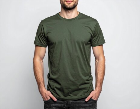 A person wearing a plain dark green short-sleeved t-shirt and dark denim jeans standing with hands in pockets - Powered by Adobe