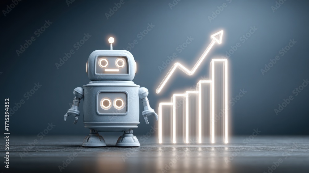 Poster advanced robot holding a graph chart illustrating key performance indicators in a corporate strategy