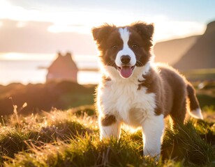 A happy Border Collie puppy stands in a grassy field at sunrise.  Golden light bathes the scene