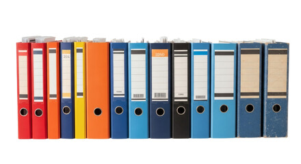 Diverse Row of Old and New Office Binders Archive and Organizational Collection. clipping path, Business concept, PNG, graphic resources.