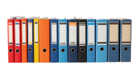 Diverse Row of Old and New Office Binders Archive and Organizational Collection. clipping path, Business concept, PNG, graphic resources.