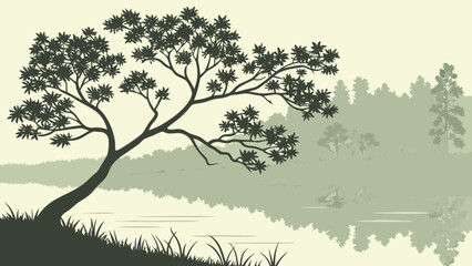 Silhouette tree landscape vector art with lake reflection and forest background scenic view nature illustration