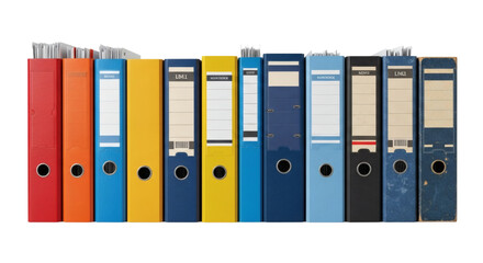 Diverse Row of Old and New Office Binders Archive and Organizational Collection. clipping path, Business concept, PNG, graphic resources.